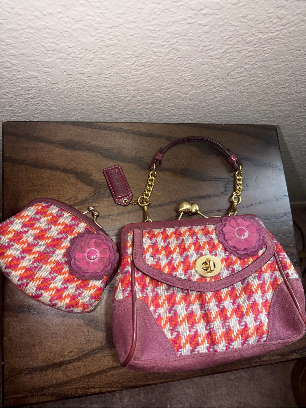 Coach Vintage Houndstooth Kiss Lock Bag & Coin Purse Set RARE